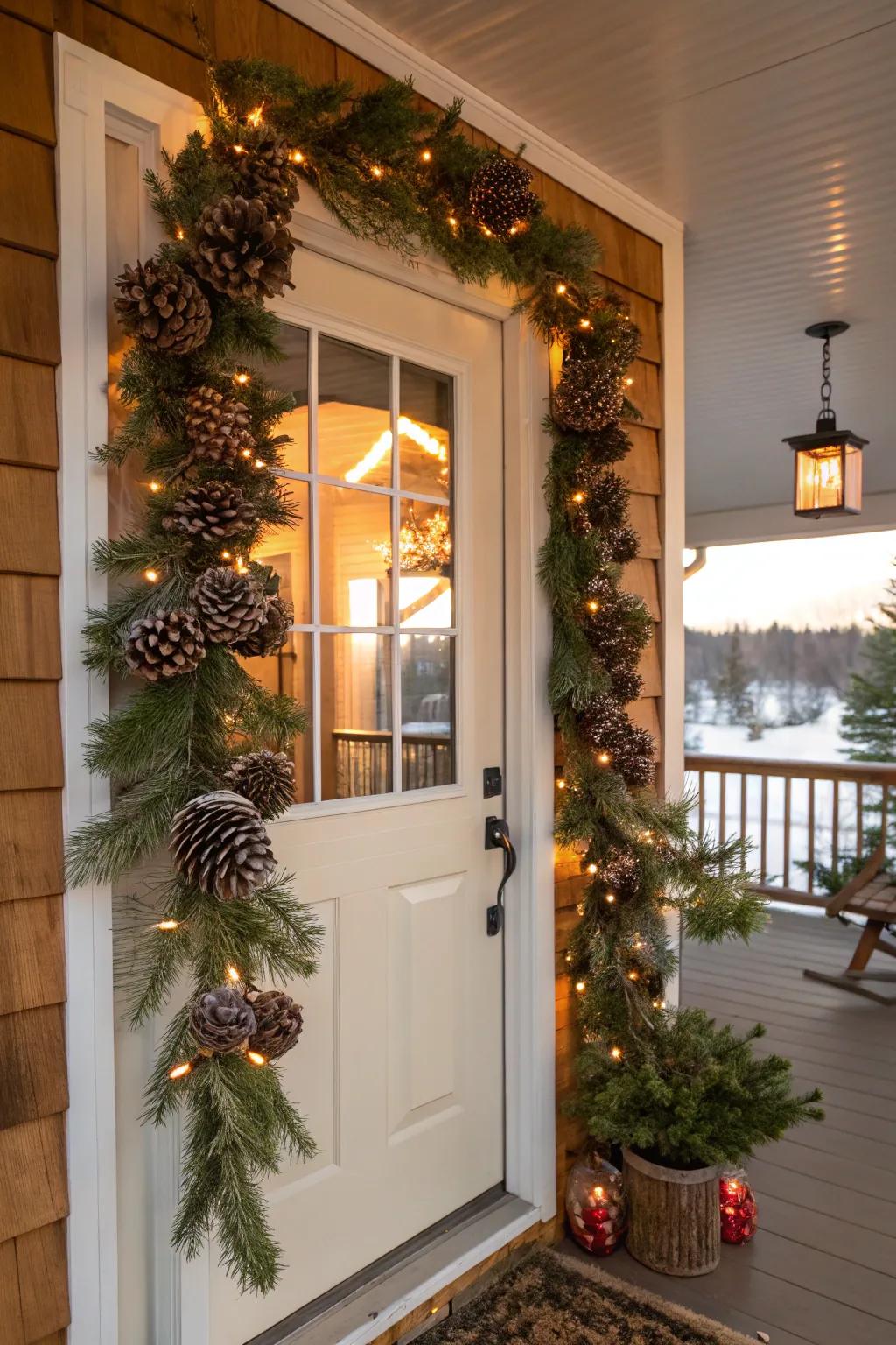 Nature-inspired sophistication with a pinecone garland.