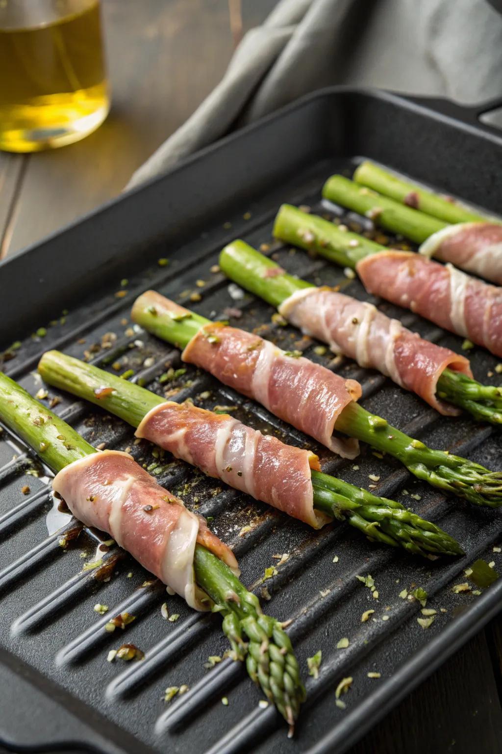Cured ham-wrapped green shoots offer a savory and elegant bite.