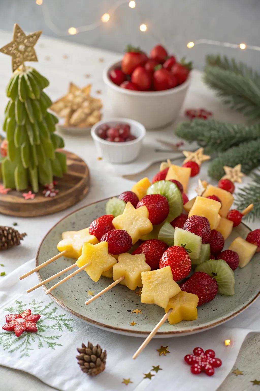 Festive fruit sticks shaped like stars and trees.