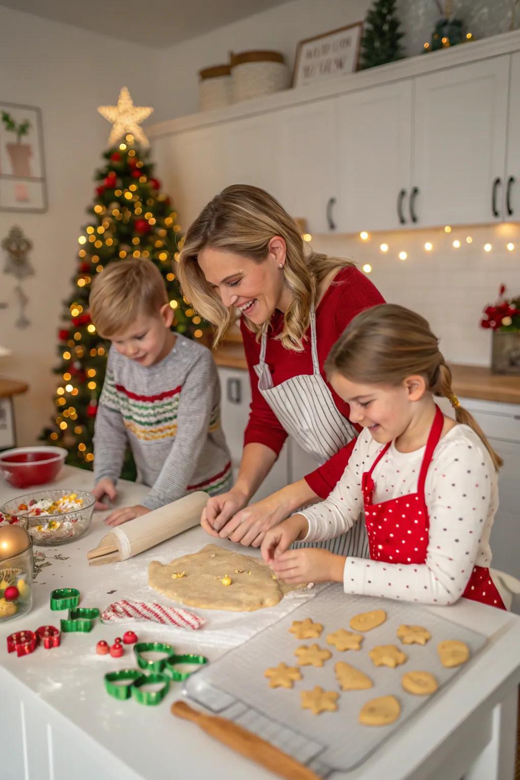A family baking Christmas cookies, capturing the delightful activity of holiday preparations.