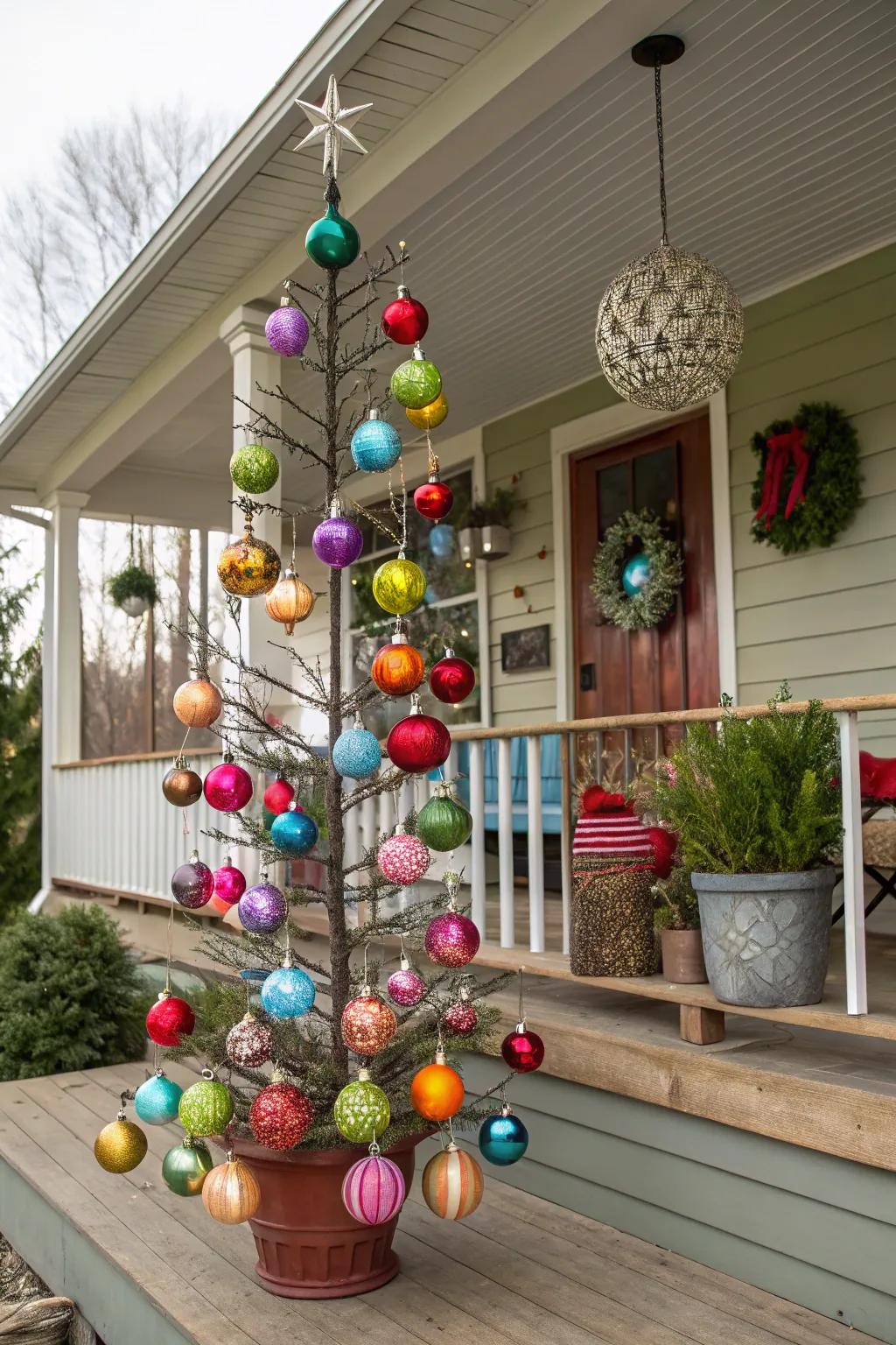 A unique tree fashioned from decorations introduces a wow factor to the porch.