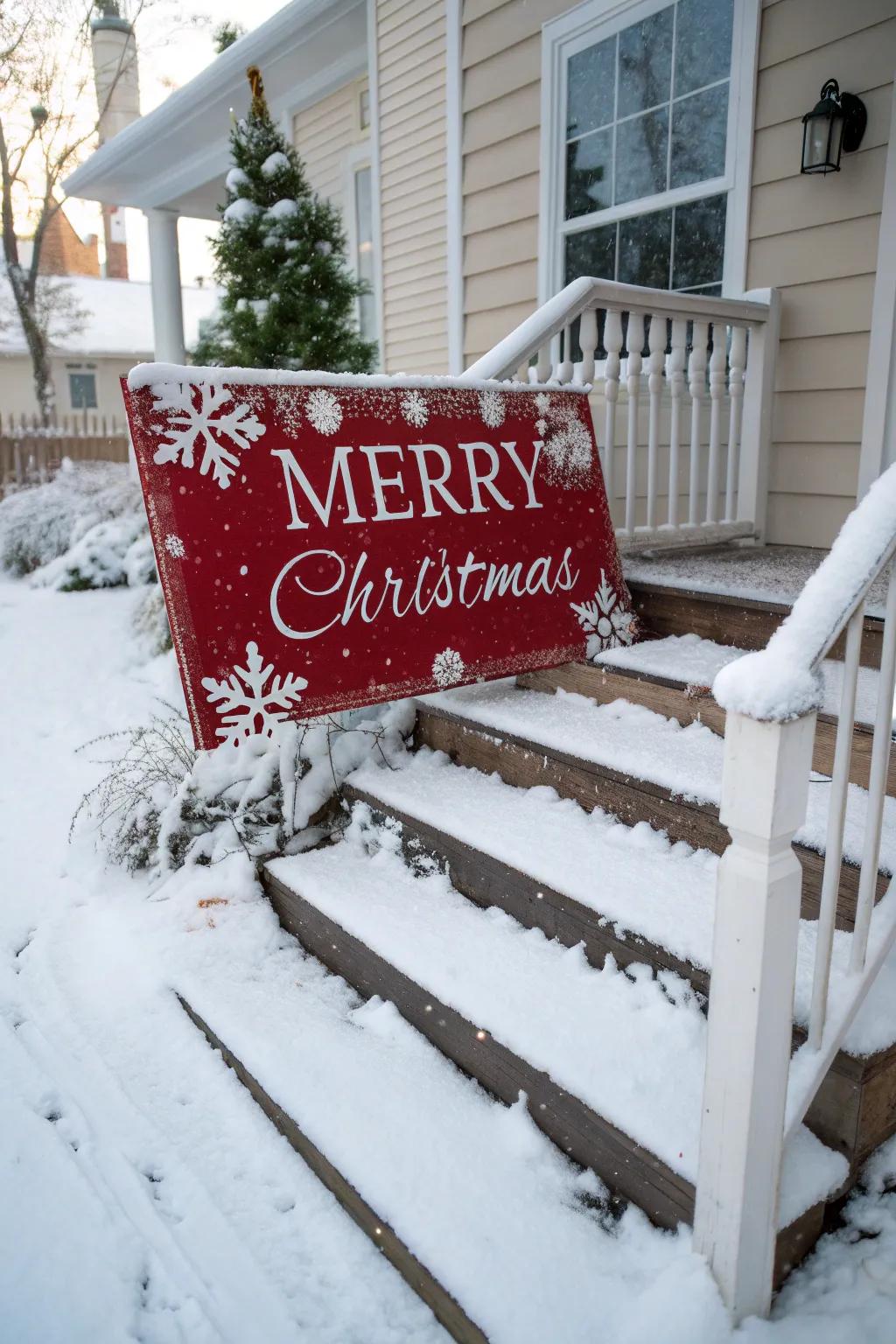 Greet visitors with an exterior 'Merry Christmas' placard.