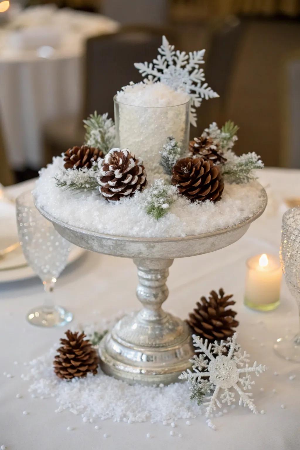 An iced centerpiece establishes a captivating winter-themed wonderland effect.