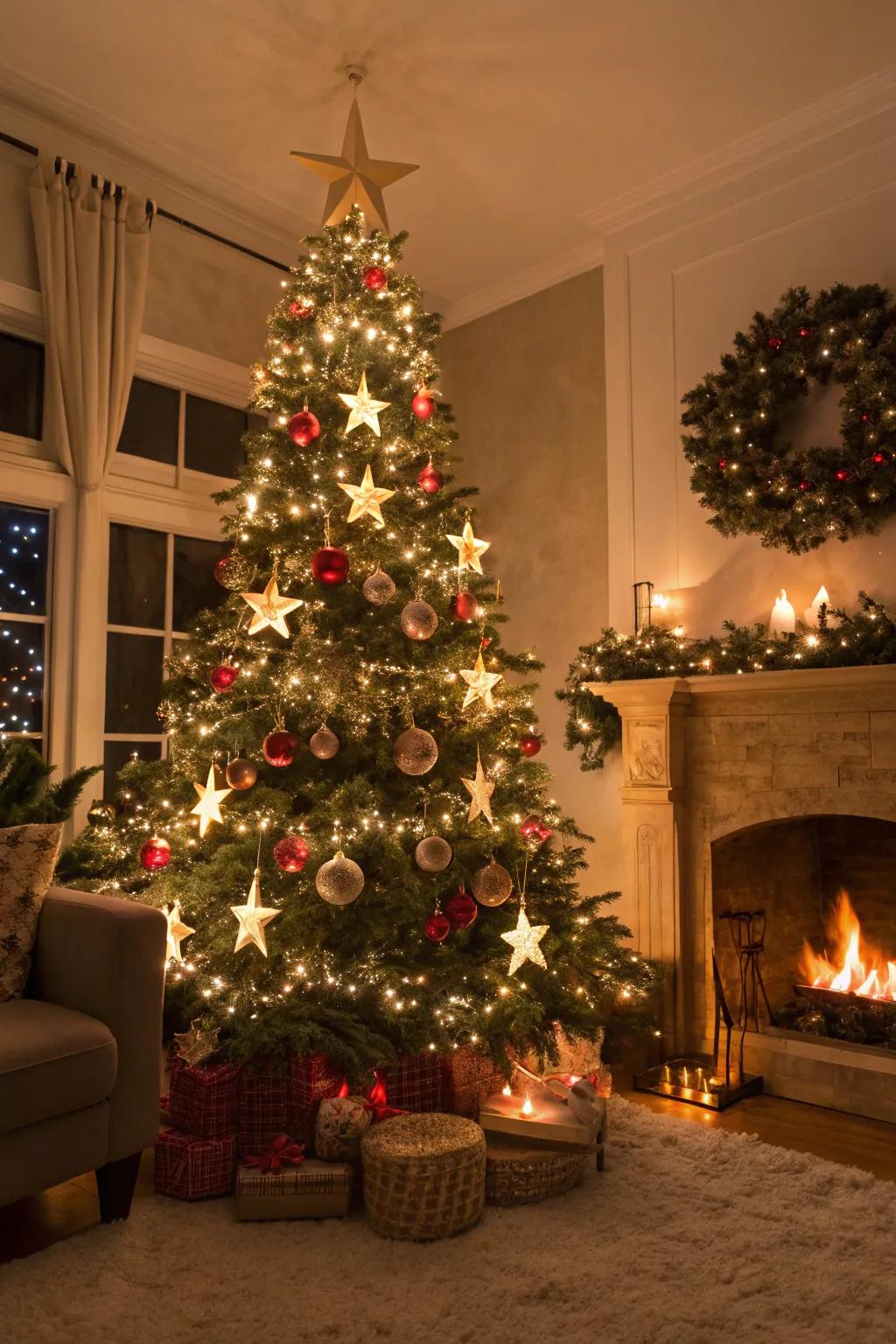 A magical Christmas tree adorned with star-themed decors and vibrant lights, capturing a starlit evening ambiance.