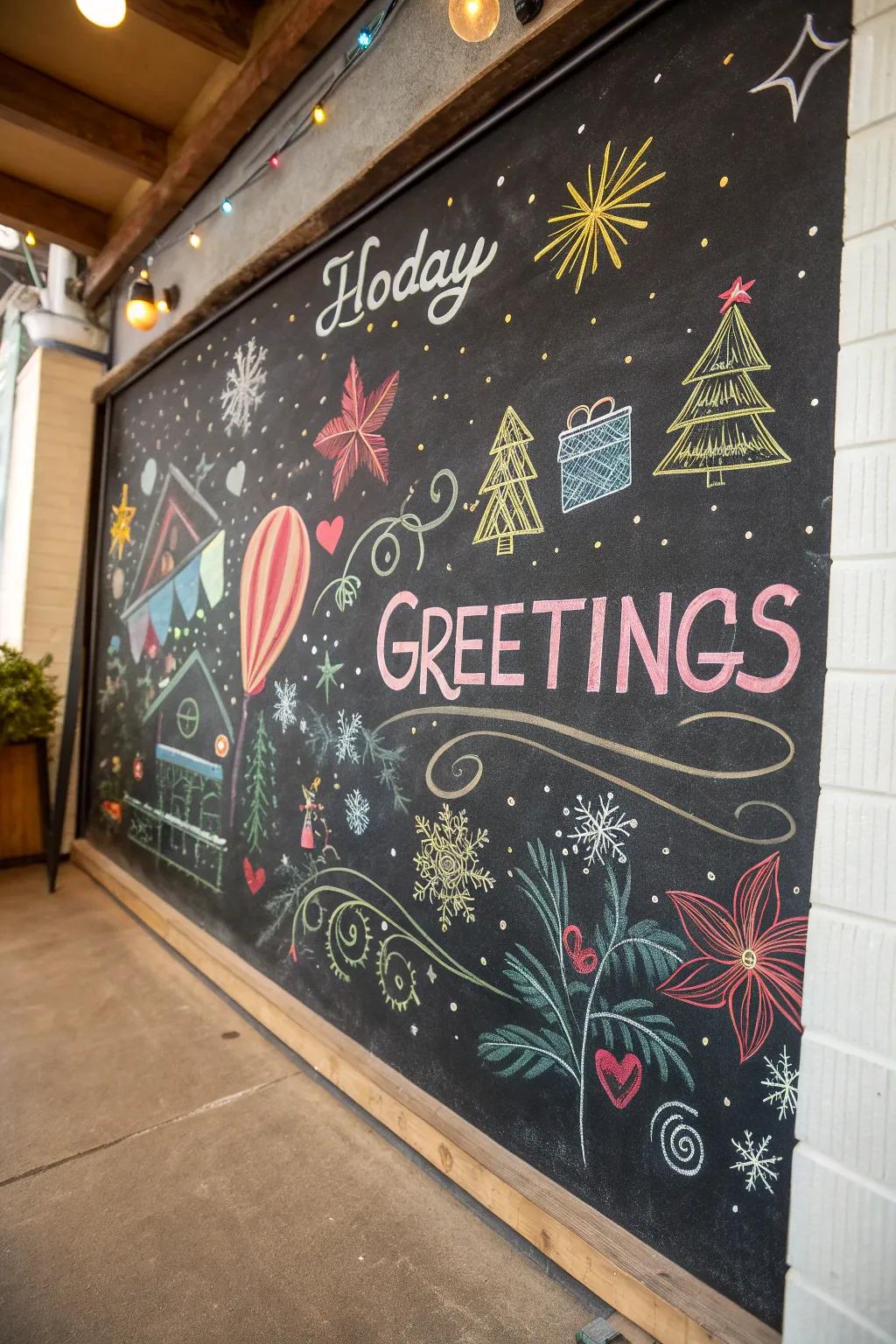 A slate wall transforms into a canvas for Christmas creativity.