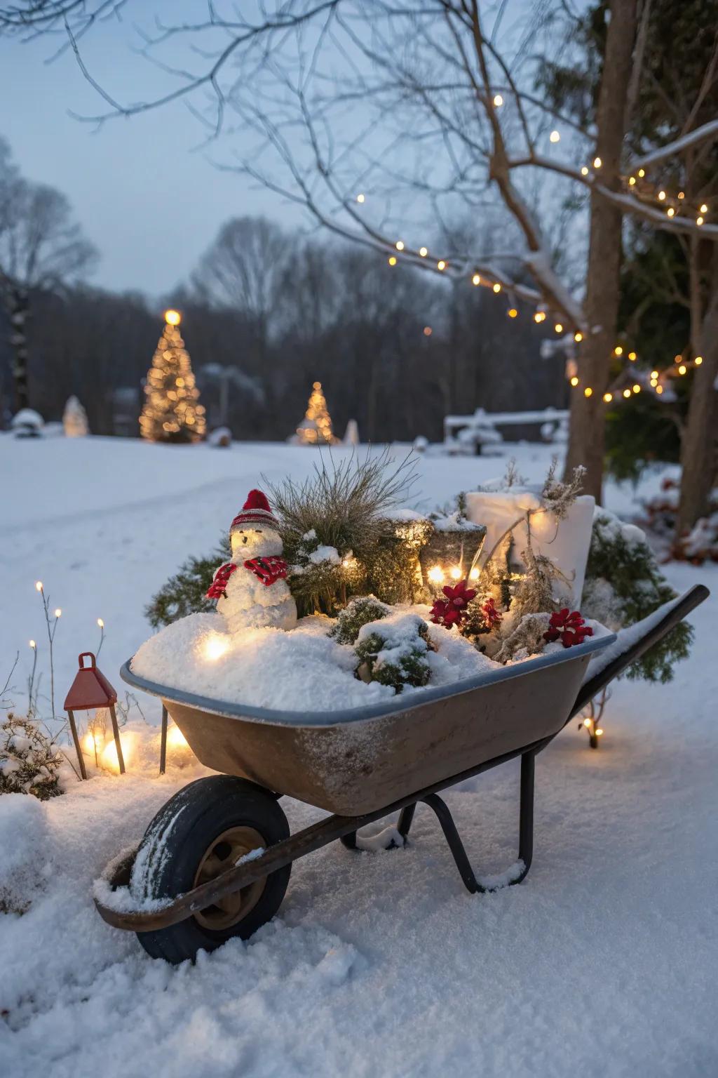 A magical winter wonderland created in a wheelbarrow.