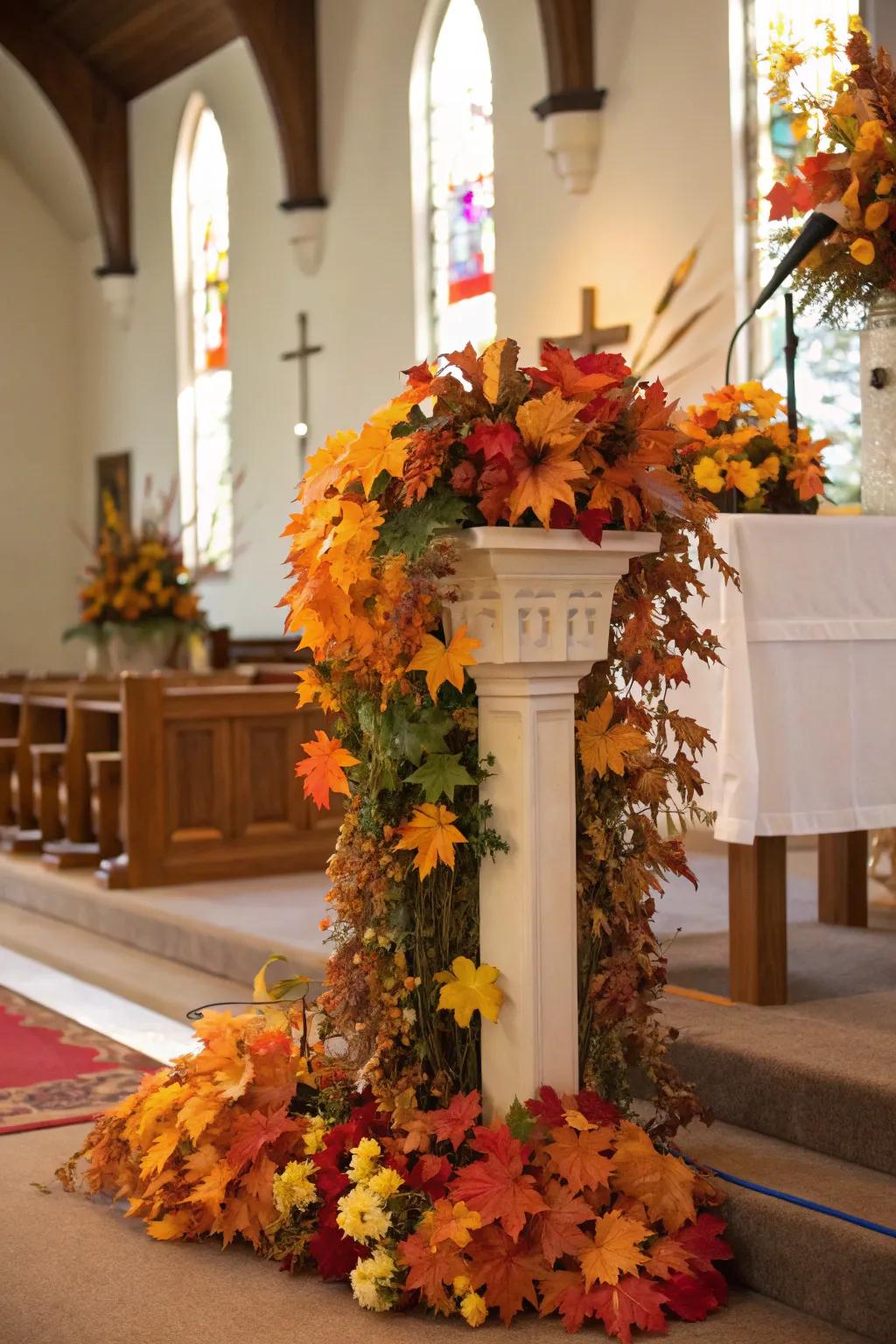 A place of worship beautifully decorated with seasonal elements such as autumn foliage.