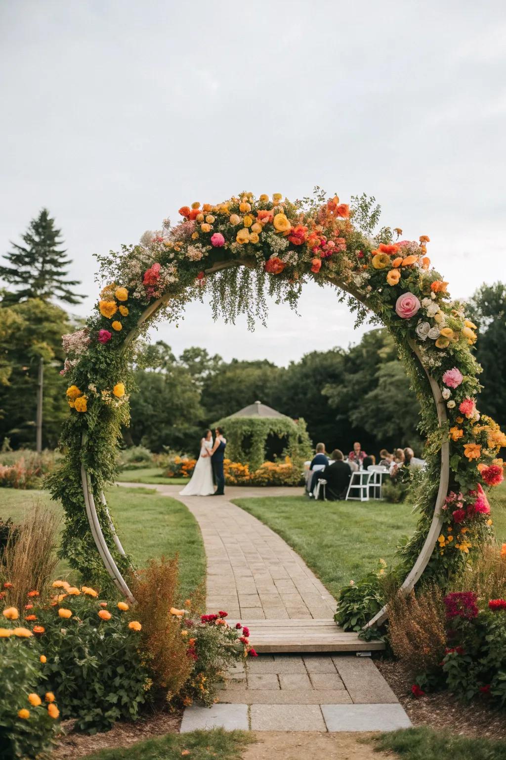 A vibrant circle arch exploding with colorful blooms.
