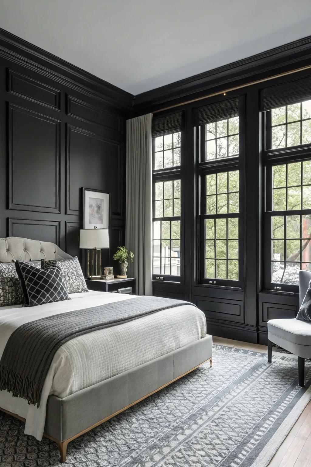 Dark window frames contribute a contemporary touch to this room.