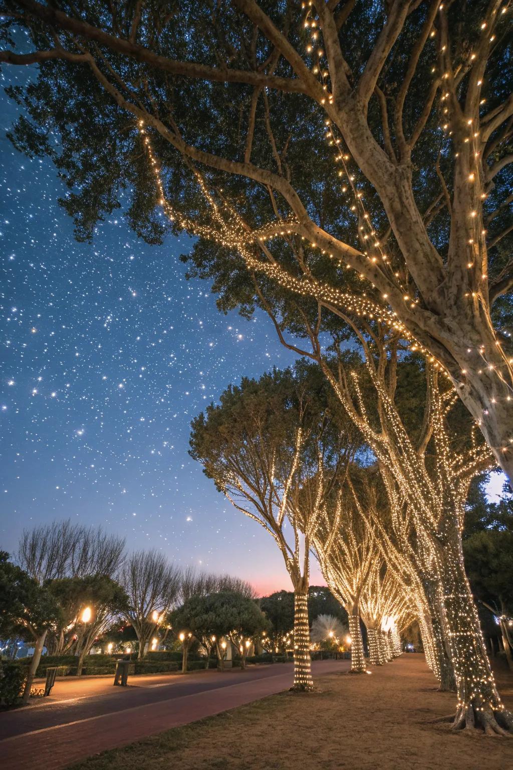 Enchanting twinkling tree shelter with LED lights.