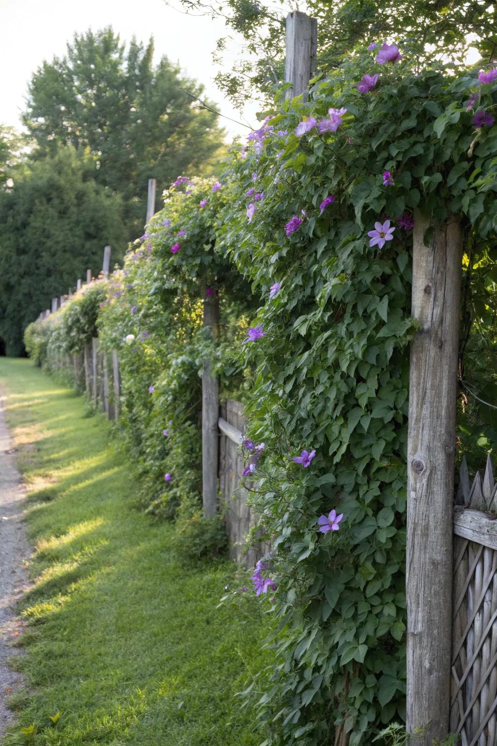 Clematis are integrated into a functional garden boundary with a living fence trellis.