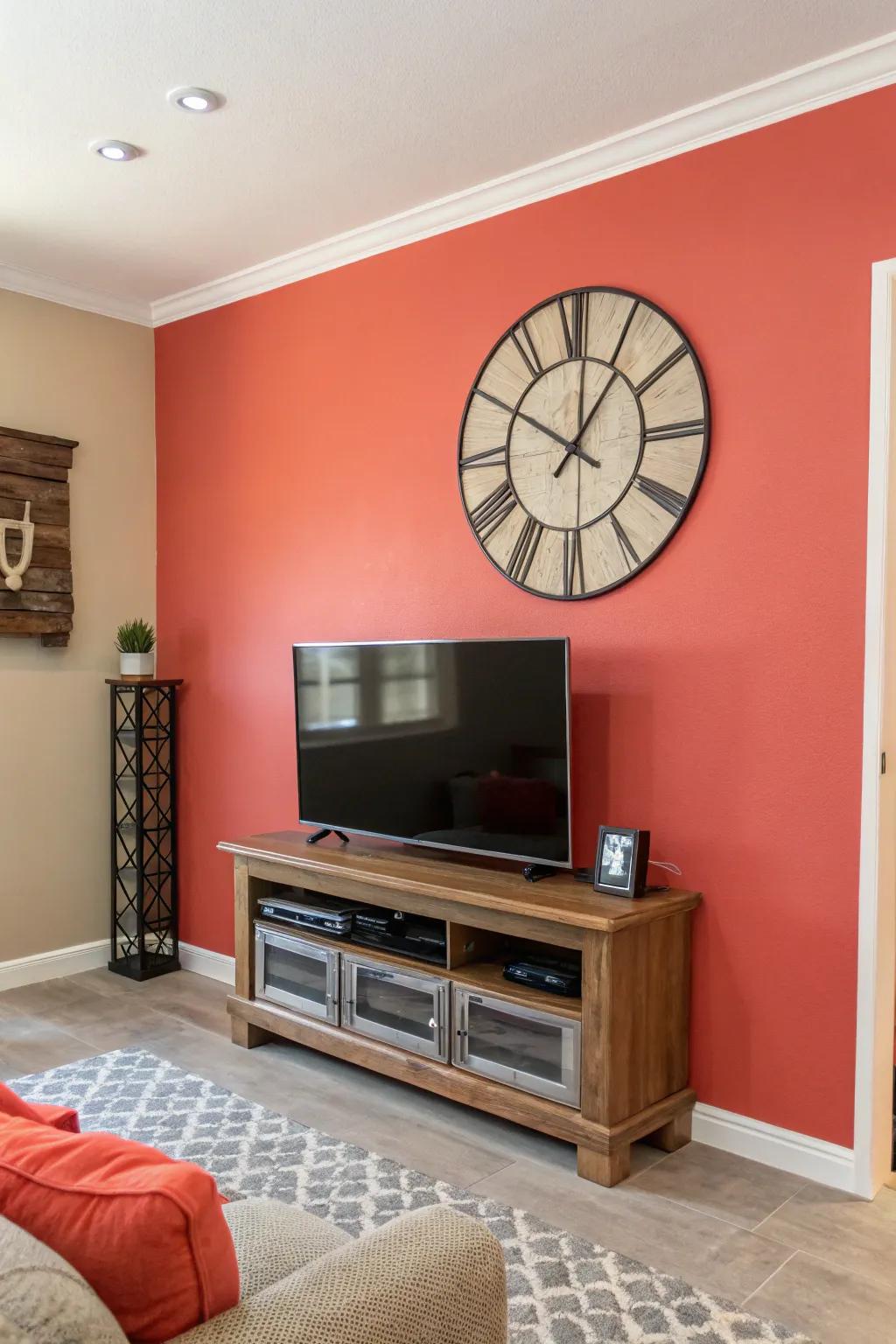 An accent wall adds a pop of color, making the TV and clock stand out.