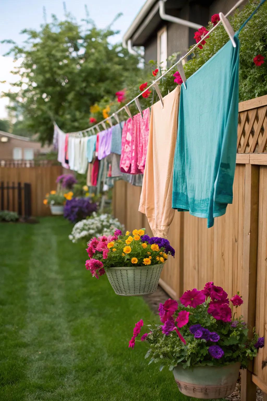 Enhance your clothesline using beautiful suspended floral containers.