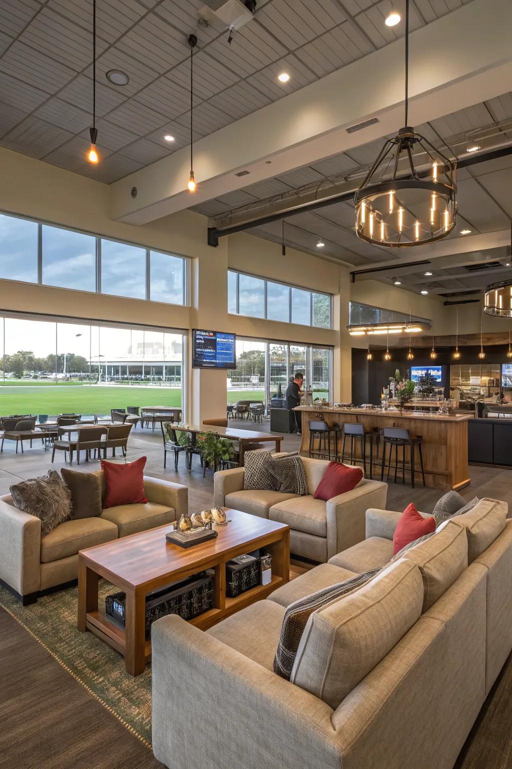 Multipurpose areas for hosting events and lounging in a clubhouse.