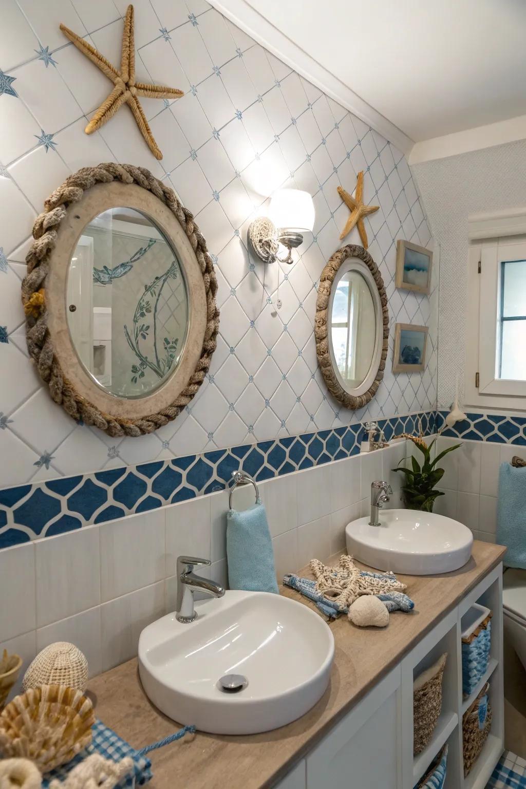 Nautical mirrors add a functional and whimsical touch.