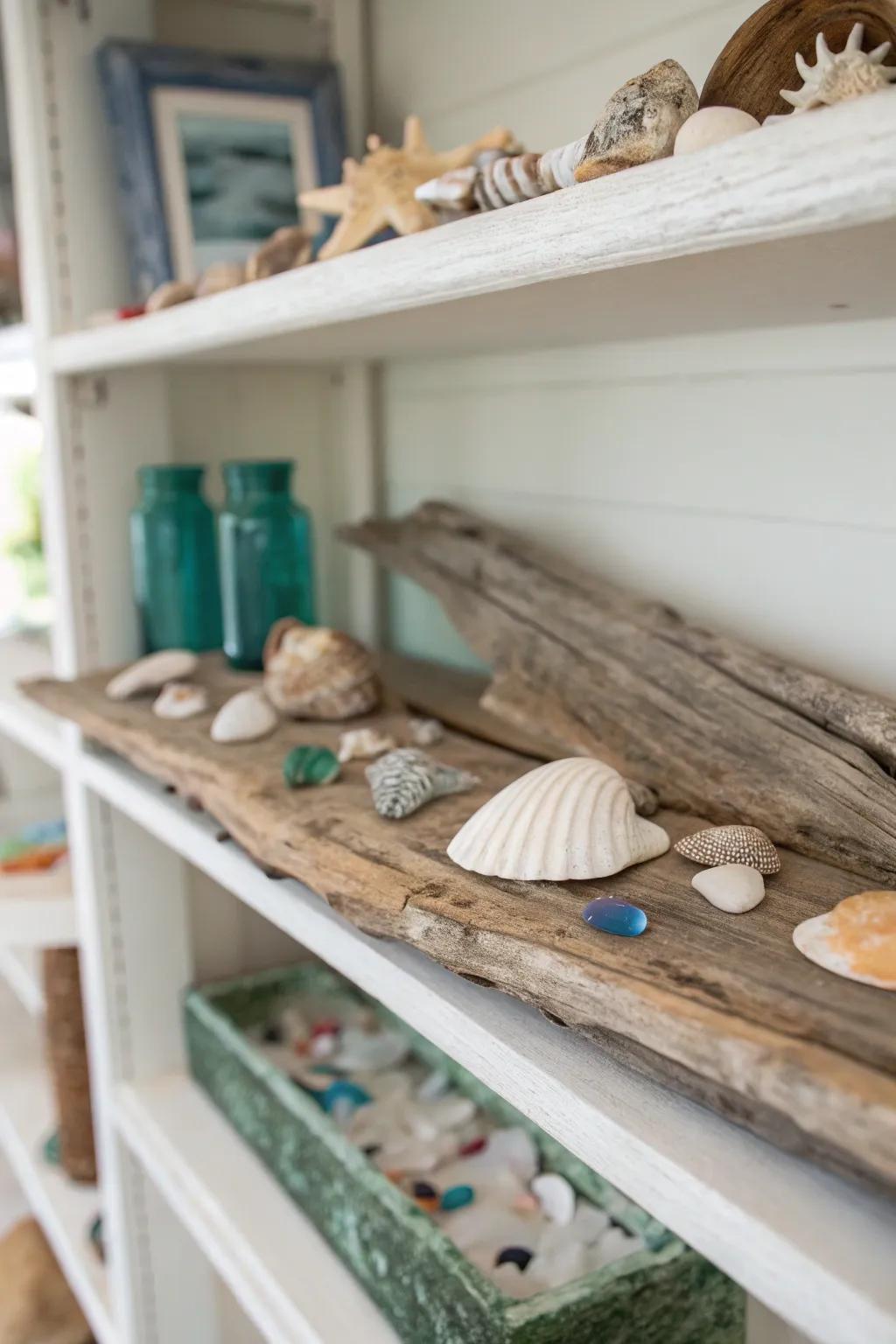 Collected items from the seashore provide organic charm.