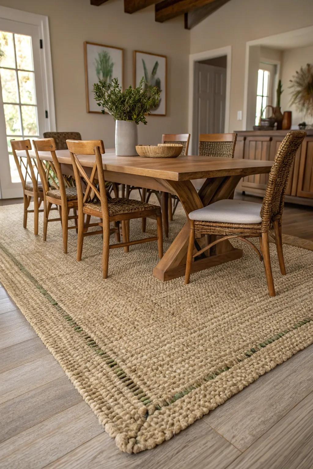 Woven fiber rugs introduce natural texture to the dining space.