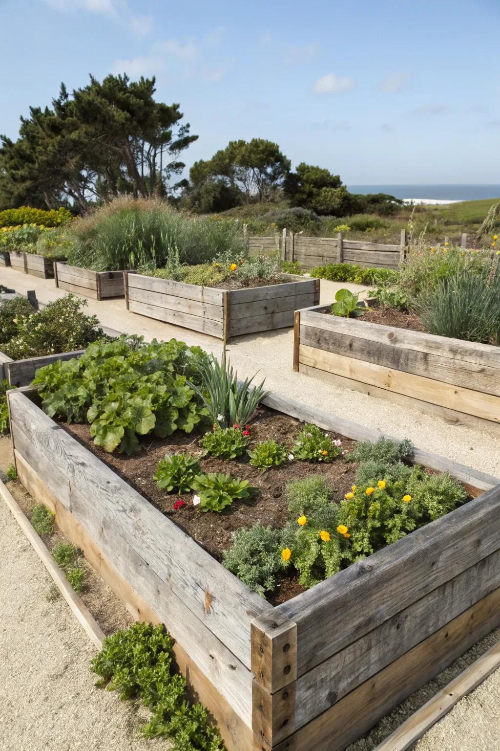 Elevated garden beds bring organization and flair to coastal gardens.