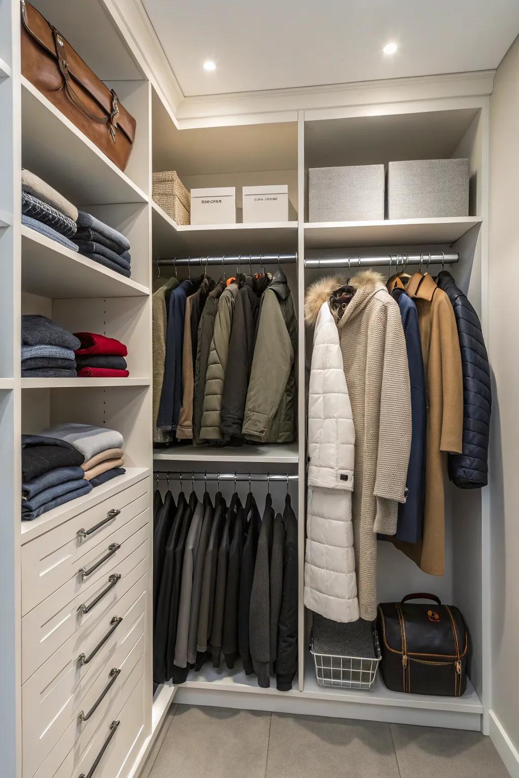 A closet maximized for efficient coat stowing.