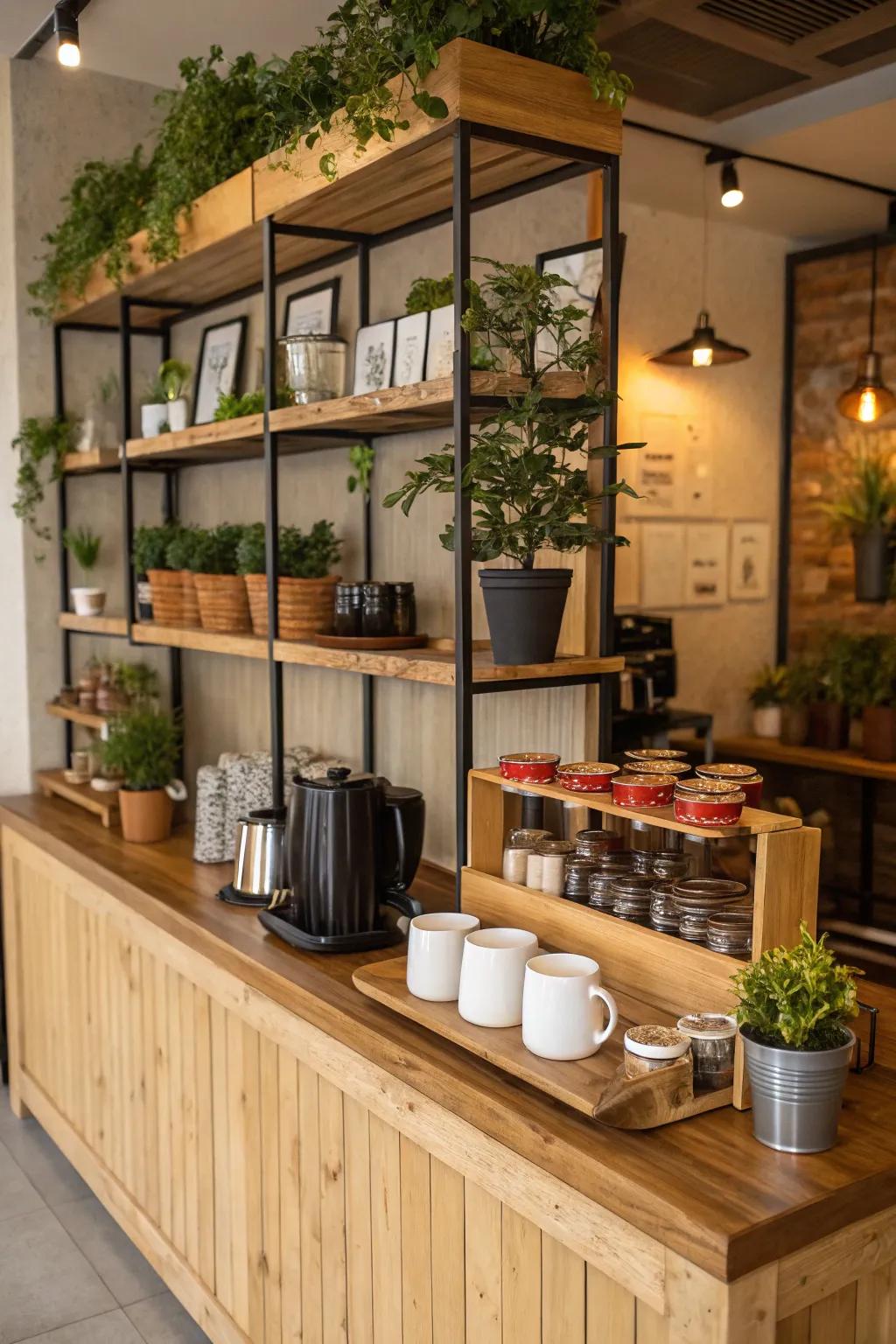 Natural elements like wood and plants bring warmth and a peaceful vibe to your station.