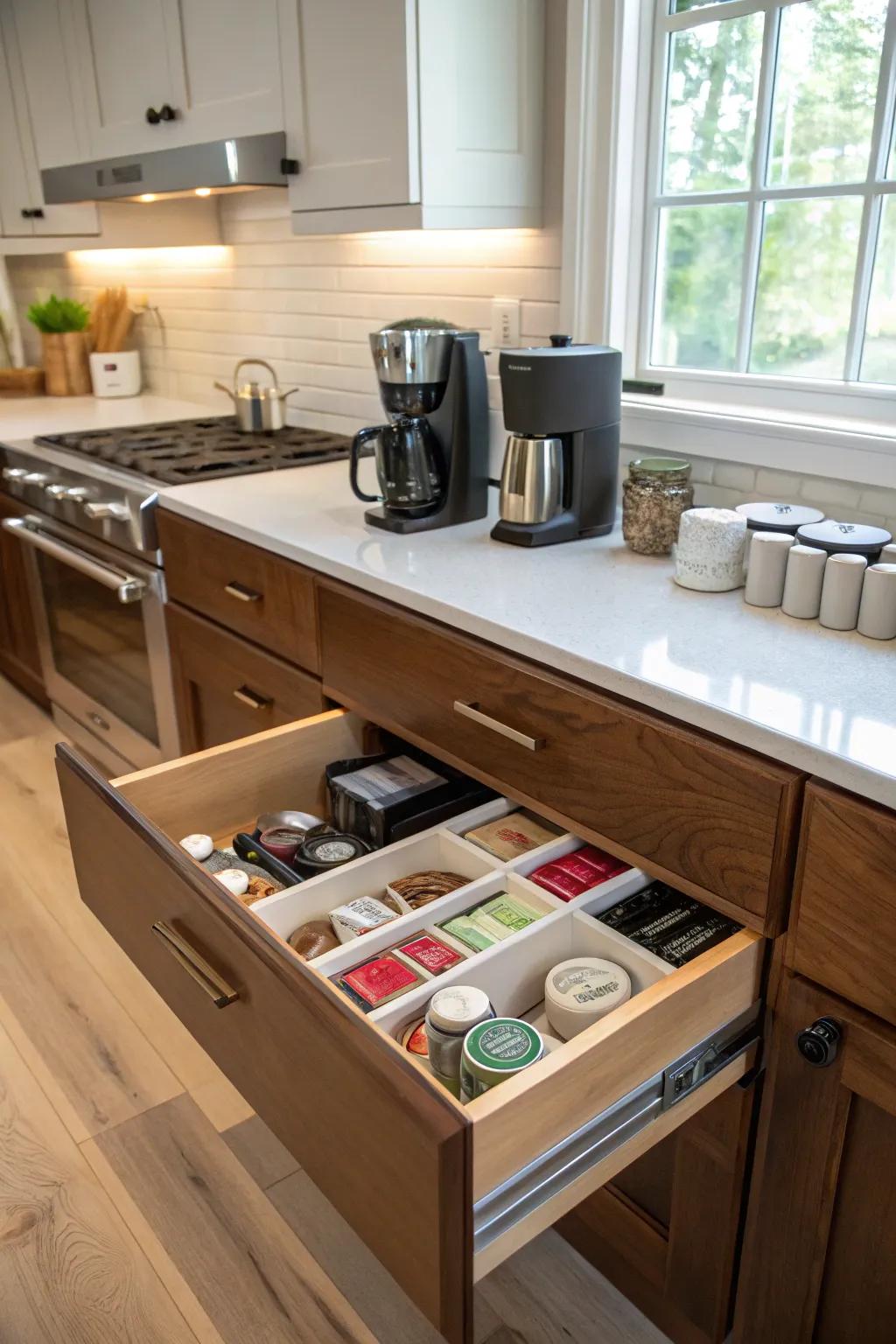A concealed drawer design helps maintain a clutter-free kitchen.