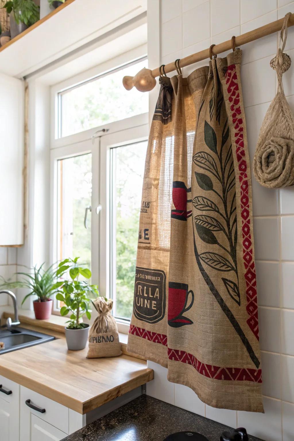Transform your kitchen with charming coffee sack curtains for a cozy, boho-chic vibe.
