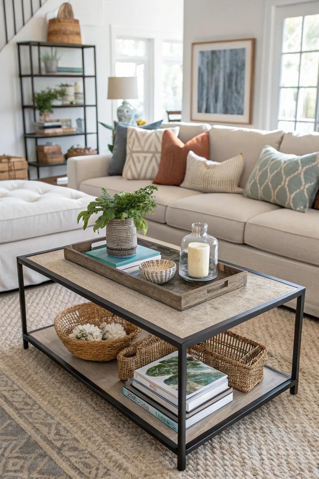 A multilevel coffee table provides layers of style and functionality.
