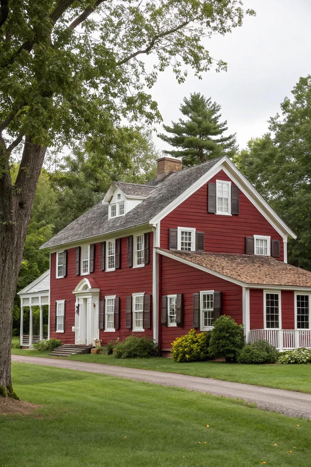 A colonial house radiating warmth with its striking rustic red frontage.