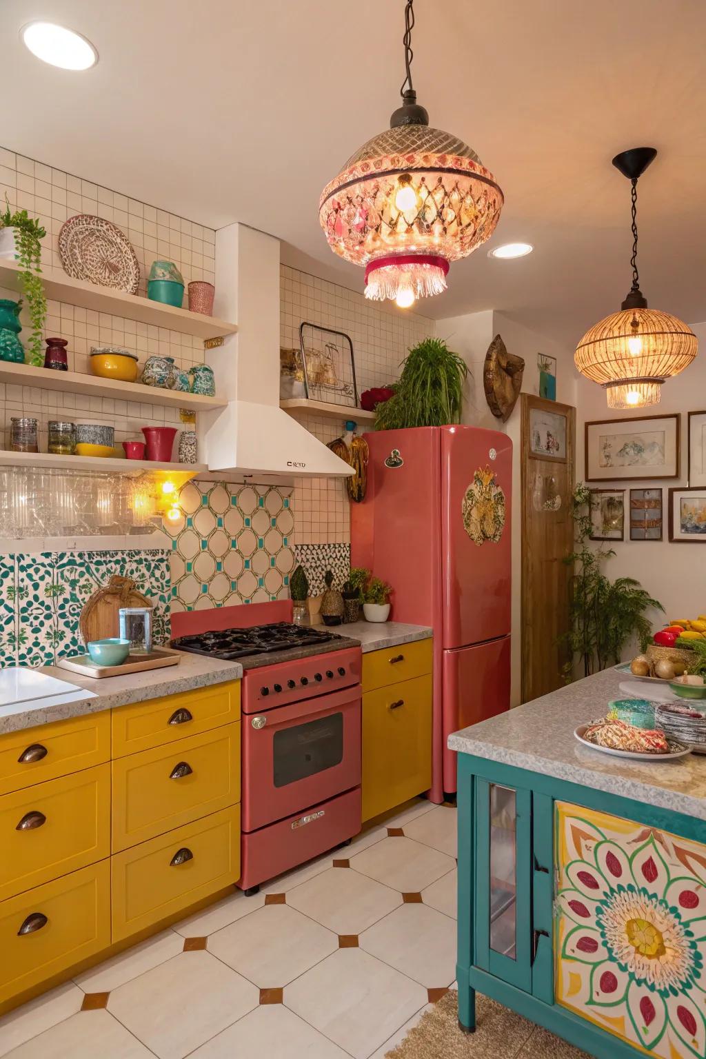 Unique lighting installations add an artistic touch to the cooking area.