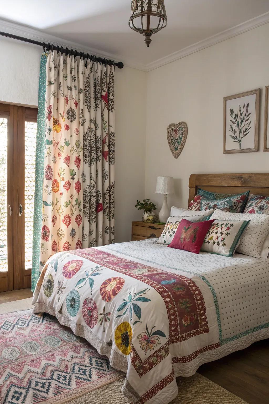 A pattern mix adds personality to this bedroom.