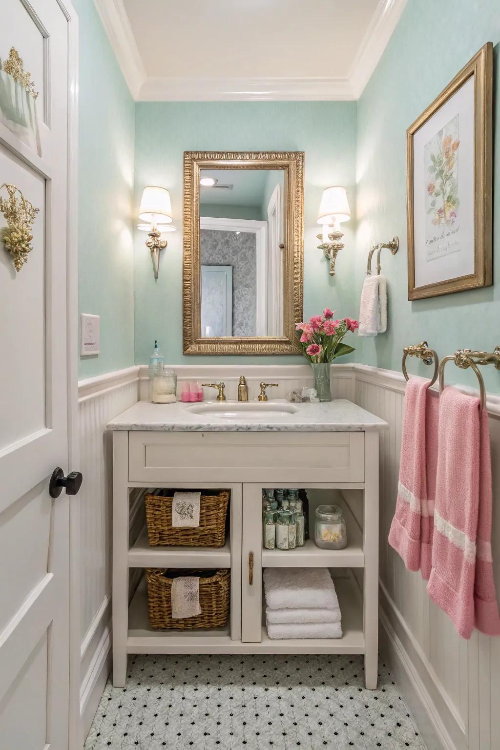 A compact guest bathroom with clever use of color and decoration.