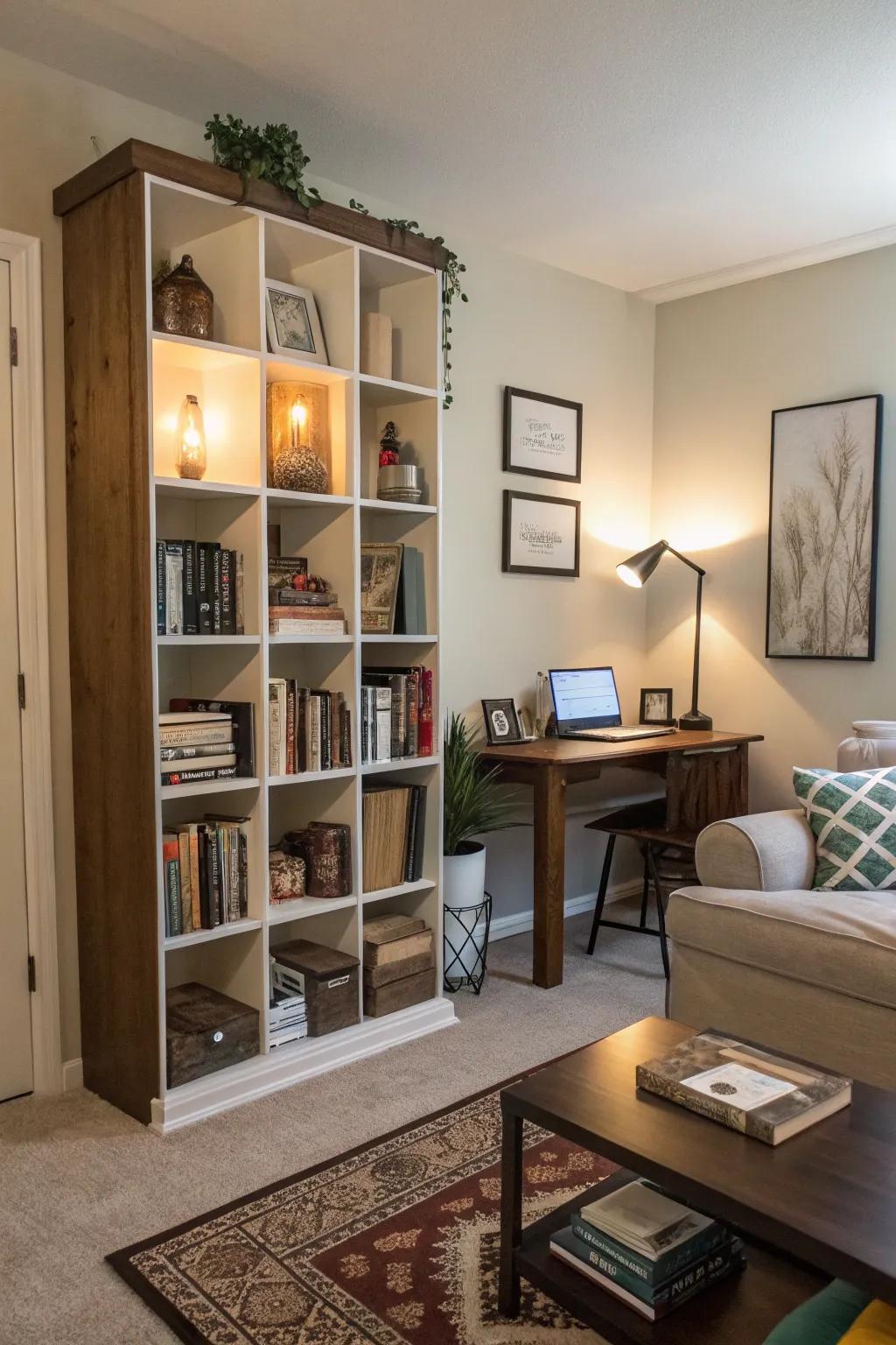 A clever room divider creates a distinct work zone.
