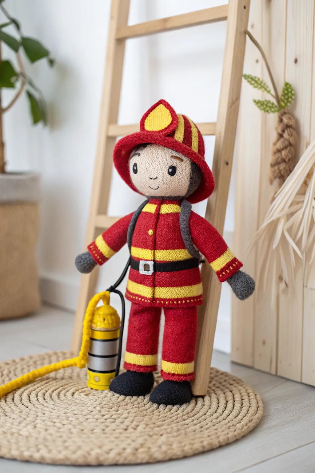Celebrate inventiveness and community spirit with this charming firefighter figure, a perfect mix of minimalist design and bold colors!