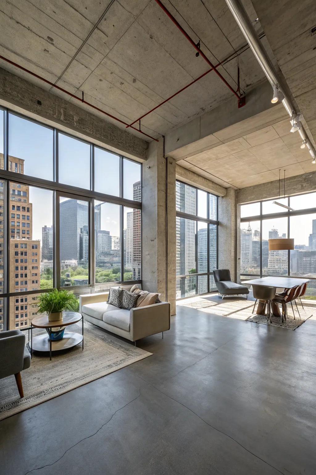 Loft-style apartment featuring concrete floors and expansive windows.