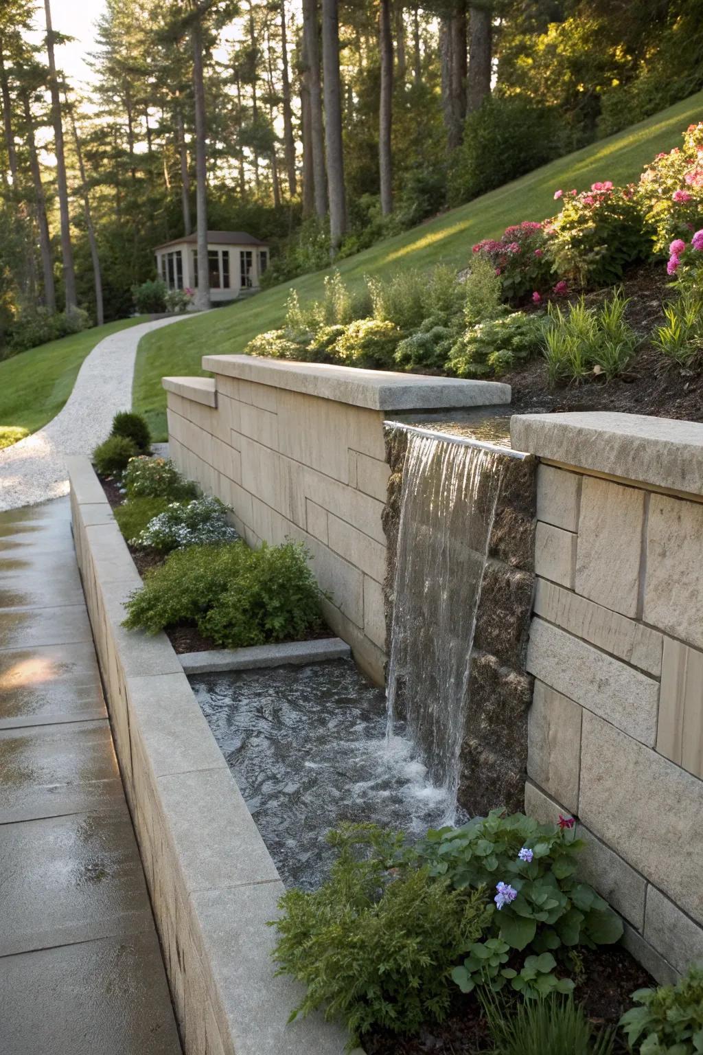 Water features add tranquility and beauty to retaining walls.