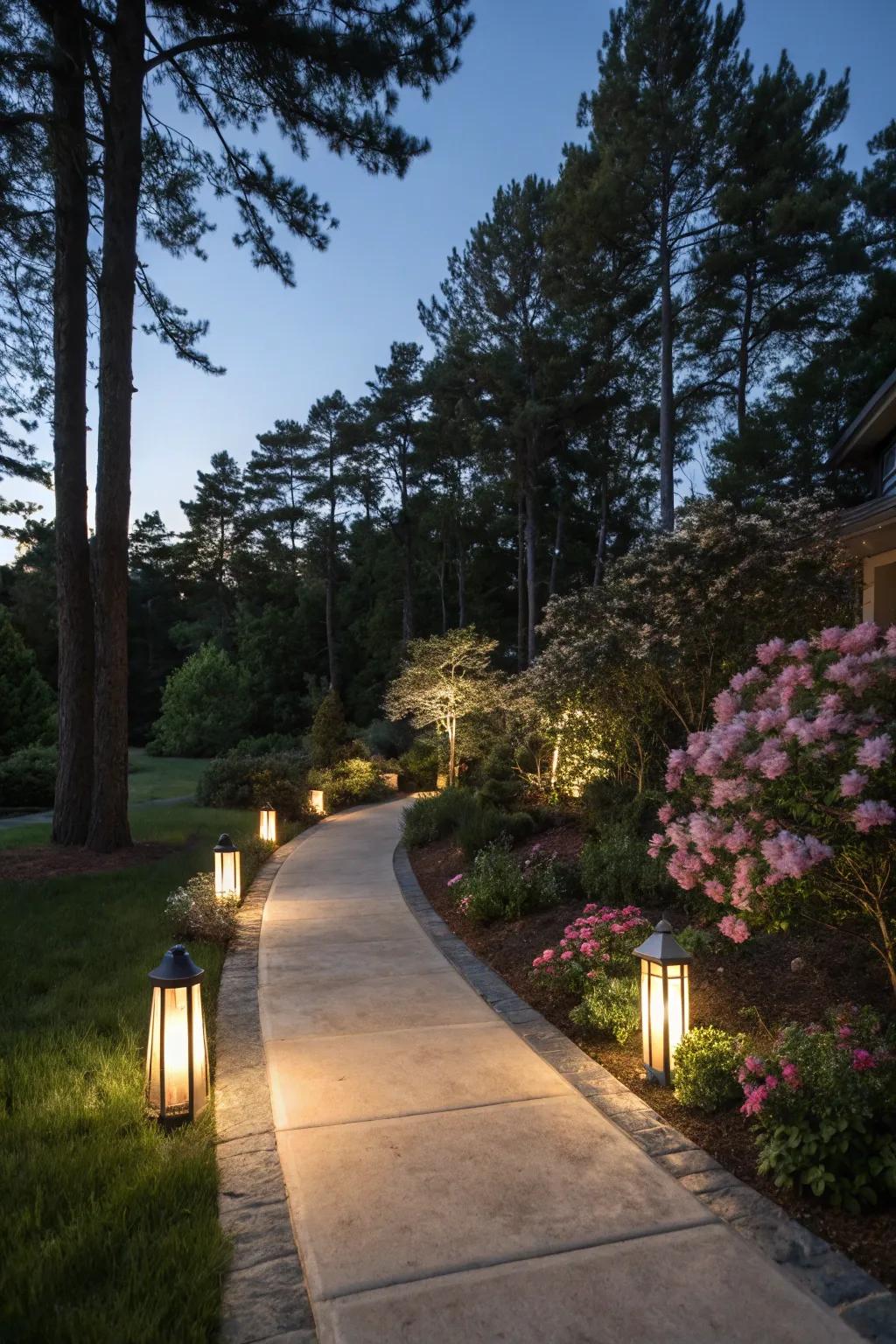 Create a magical nighttime walkway with lighting.