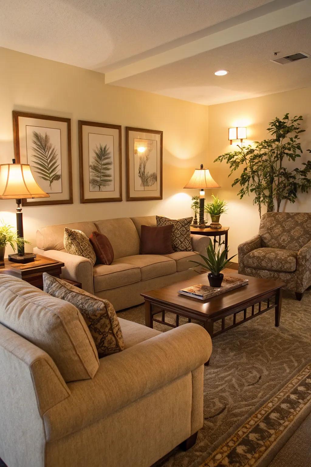A welcoming condo living room featuring plush seating and inviting lighting.