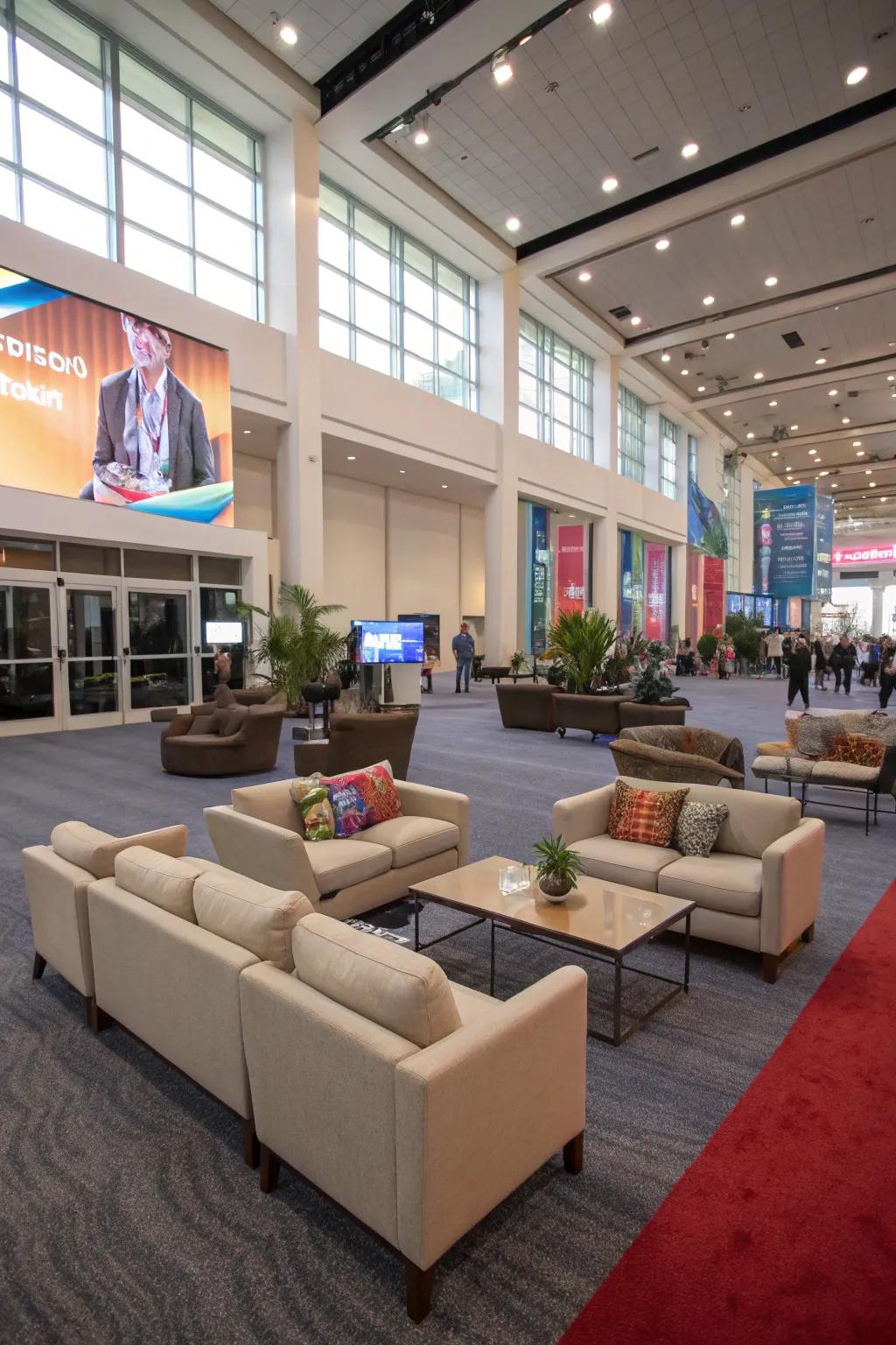 Interactive lounges promote connections and networking.