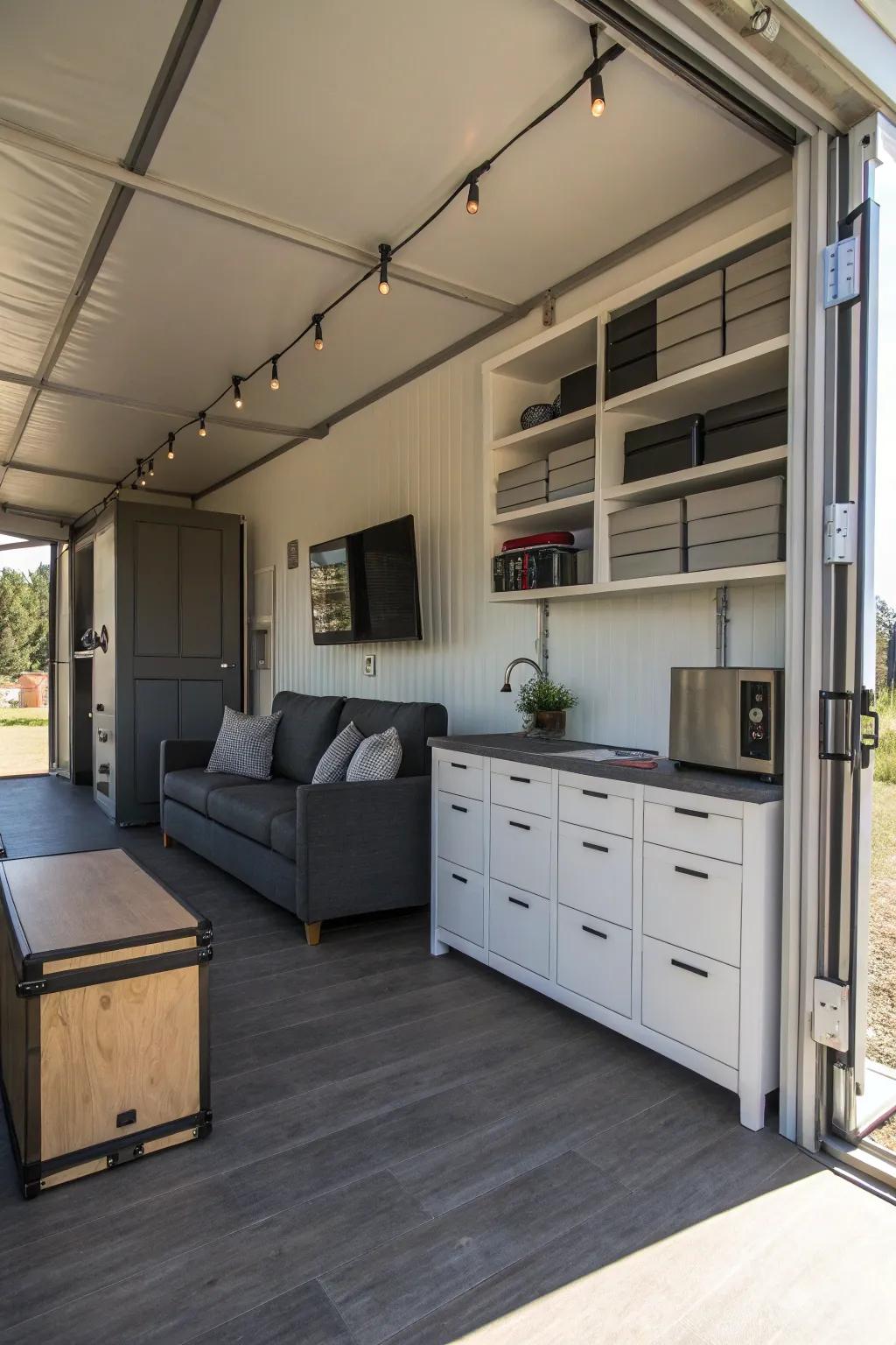 A container home demonstrating innovative use of space and multifunctional design.