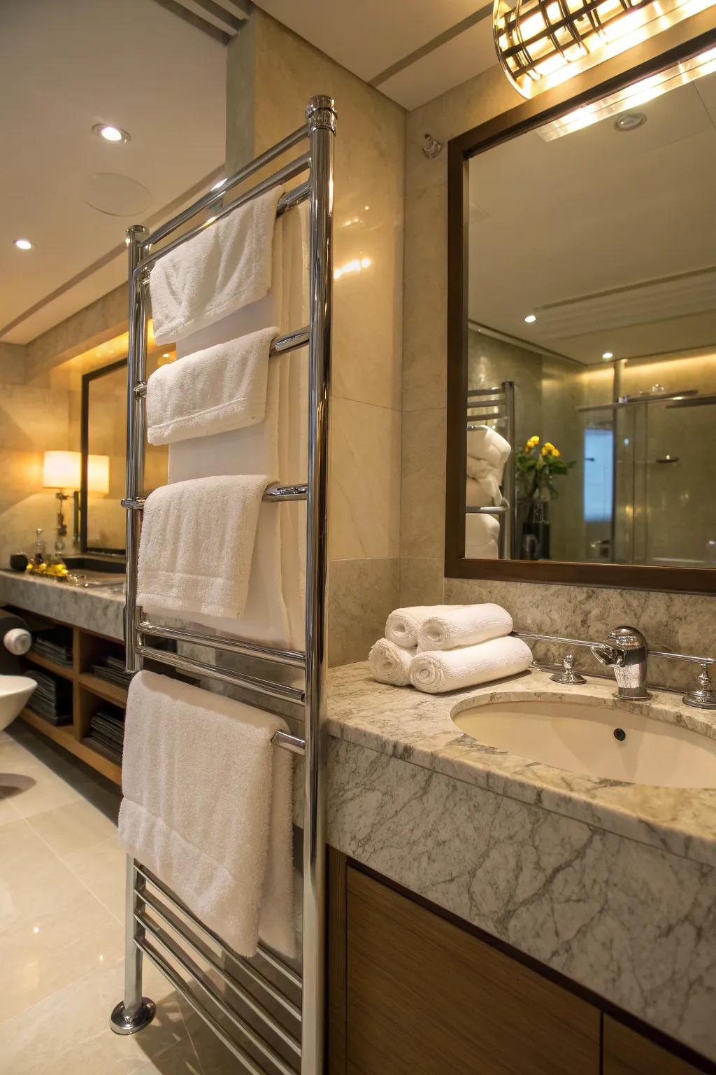 Bathroom exuding luxury with gentle lighting and deluxe towels.