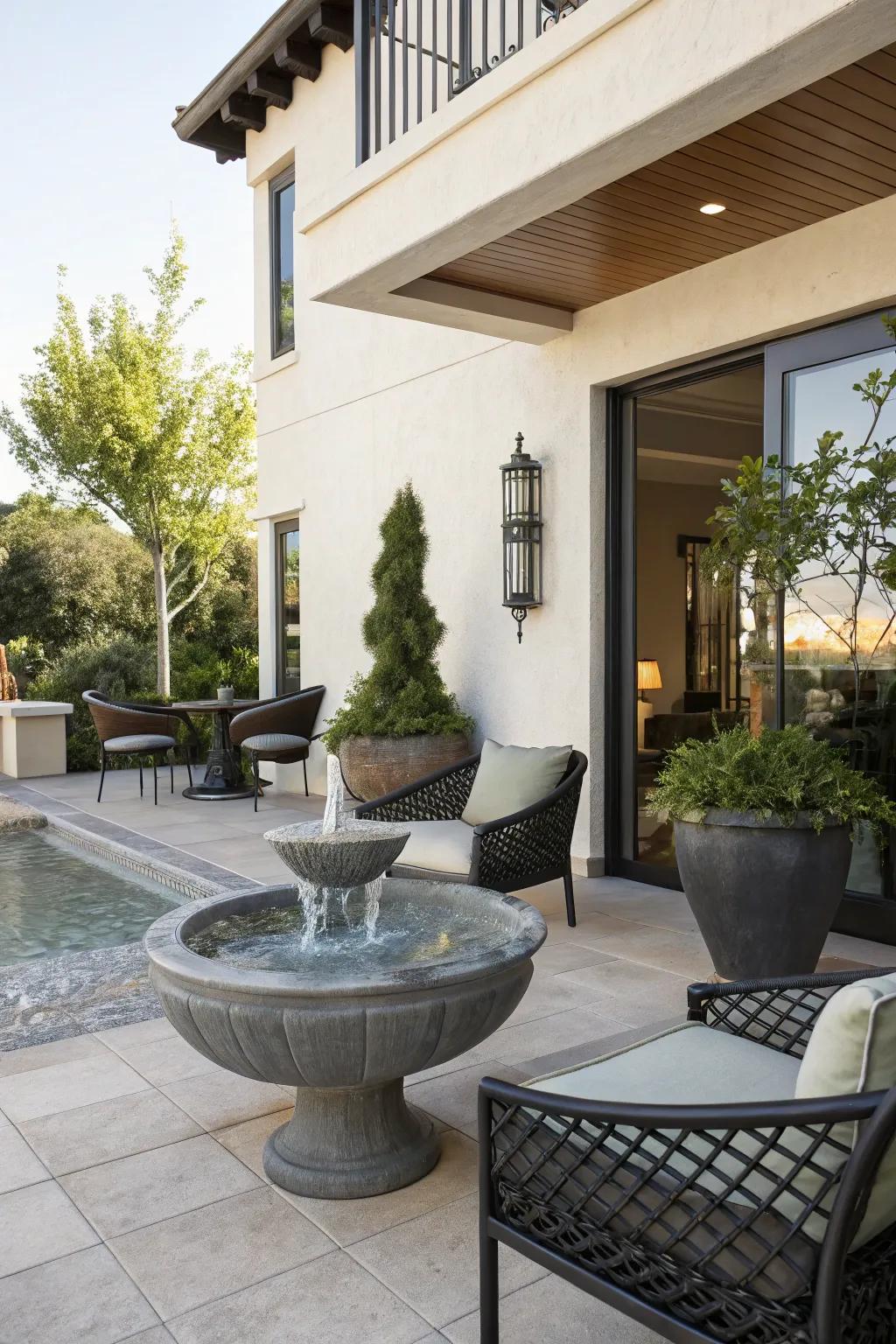 A water feature contributes a peaceful touch to a modern patio.