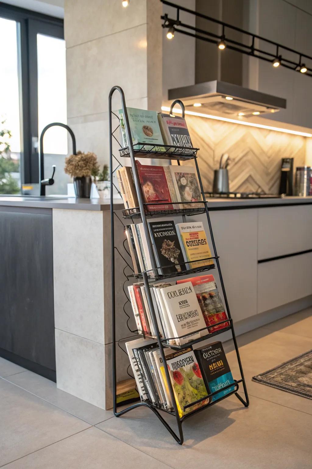 Freestanding racks offer versatile placement for cookbooks.