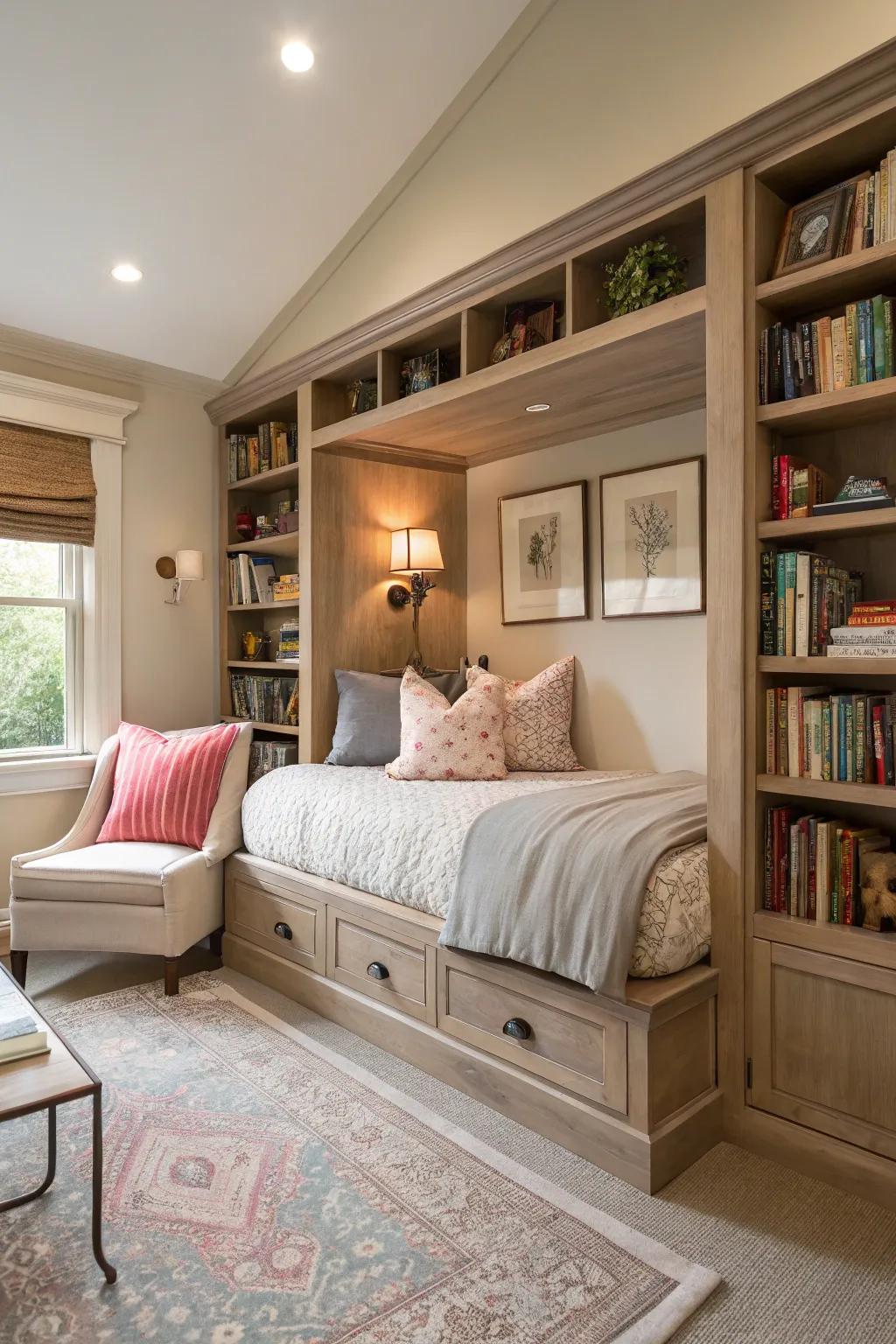 Built-in bed nooks offer a private, cozy retreat for reading and unwinding.