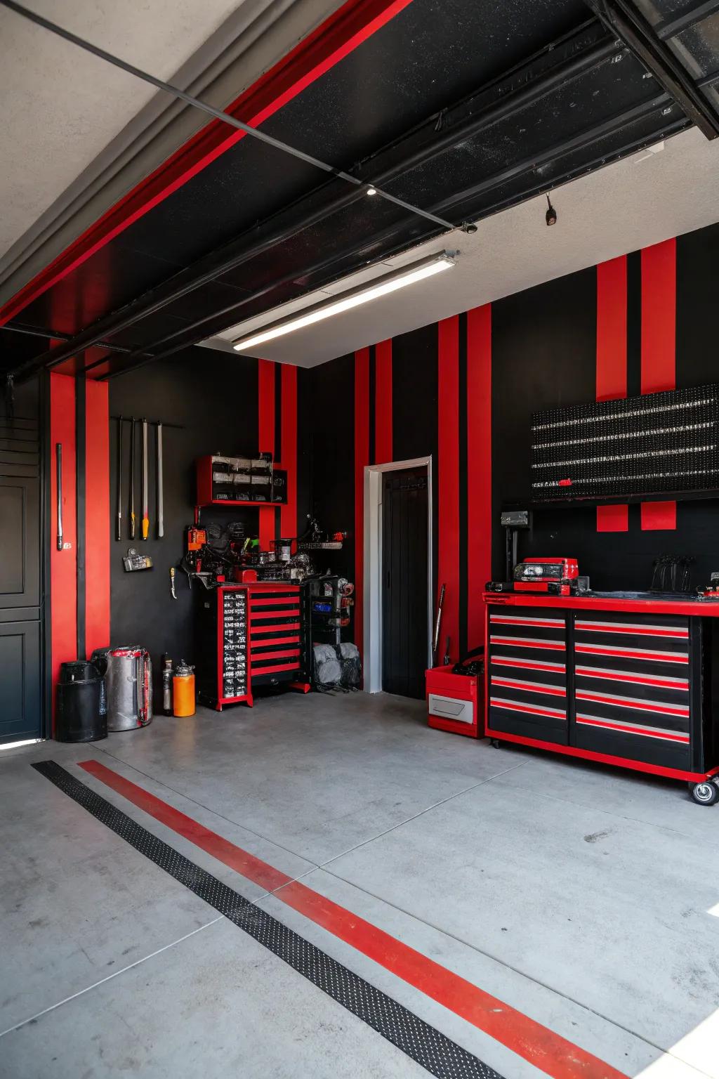 Bold colors create a dramatic and energetic garage ambiance.