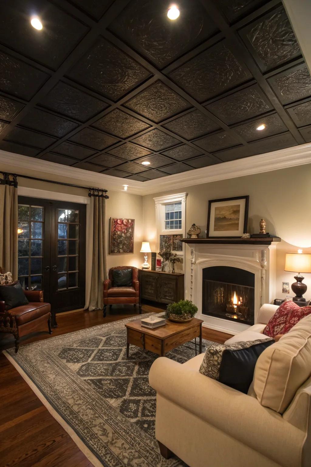 A dark ceiling creates a snug, intimate feel in high-ceilinged rooms.