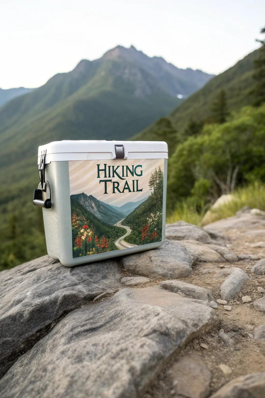 A cooler displaying a custom image of a beloved hiking trail.