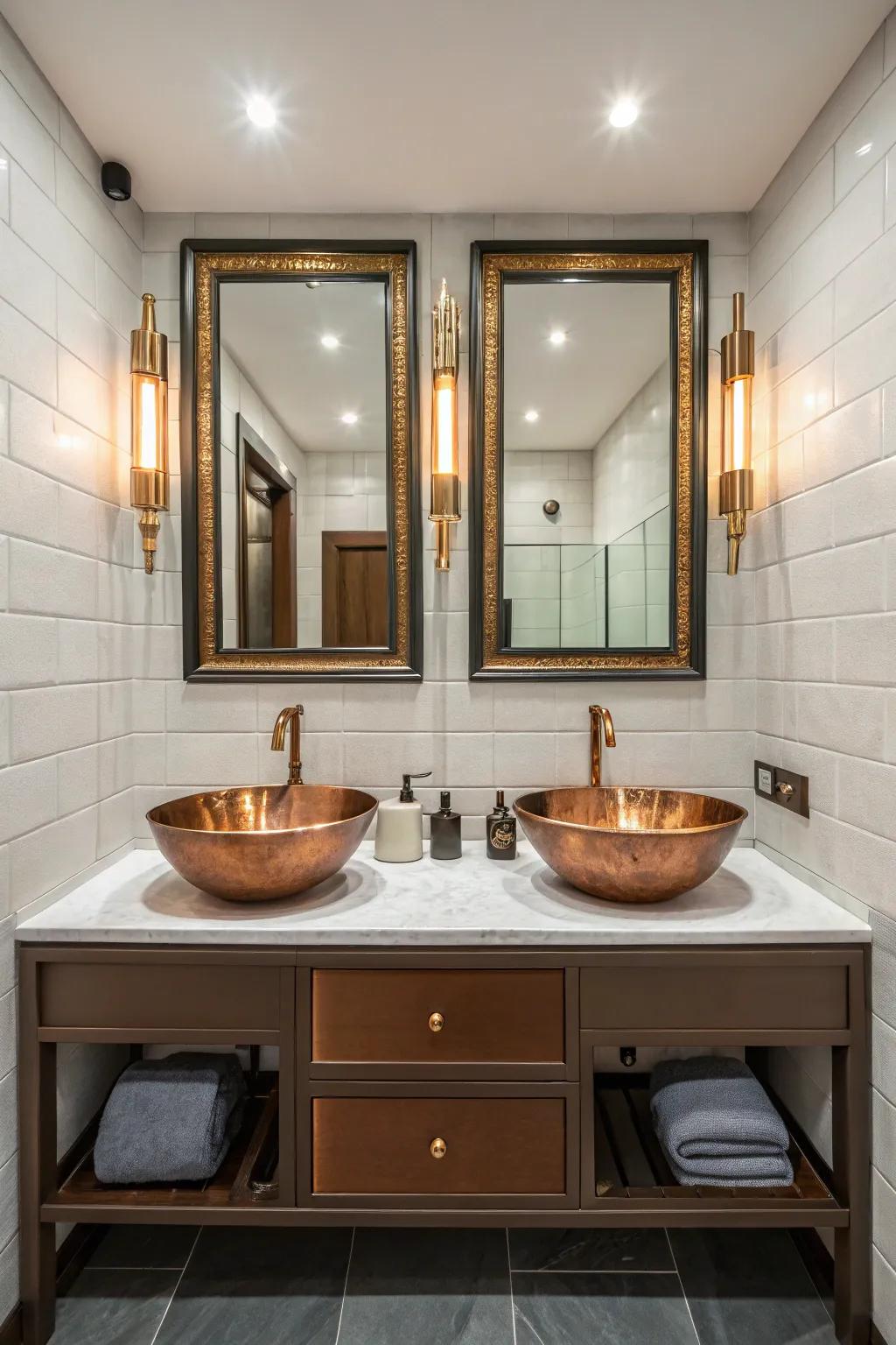 Balance and harmony reign in this bathroom, centered around a striking bronze basin.