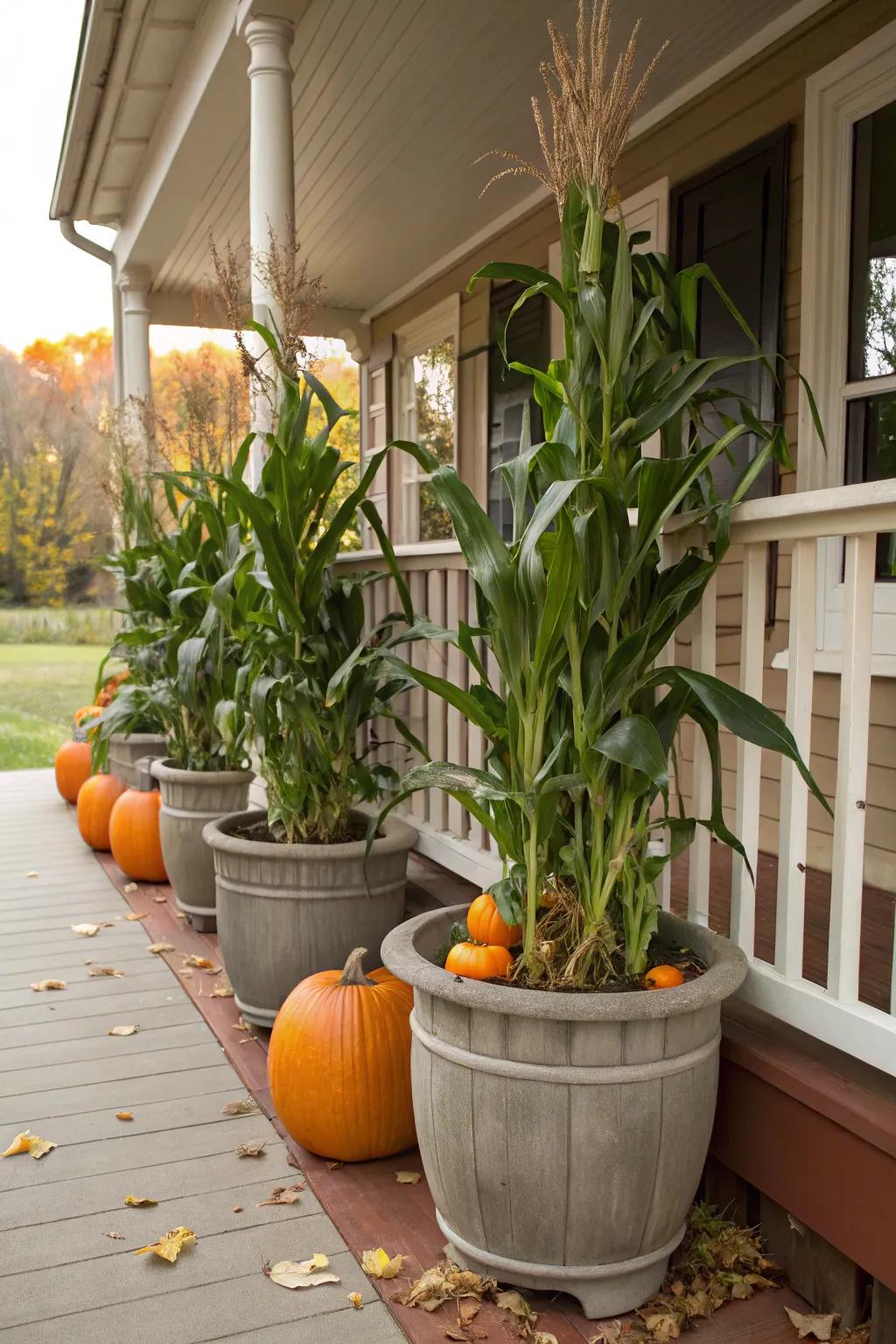 Make a striking outdoor presentation utilizing dried corn stalks with gourds.