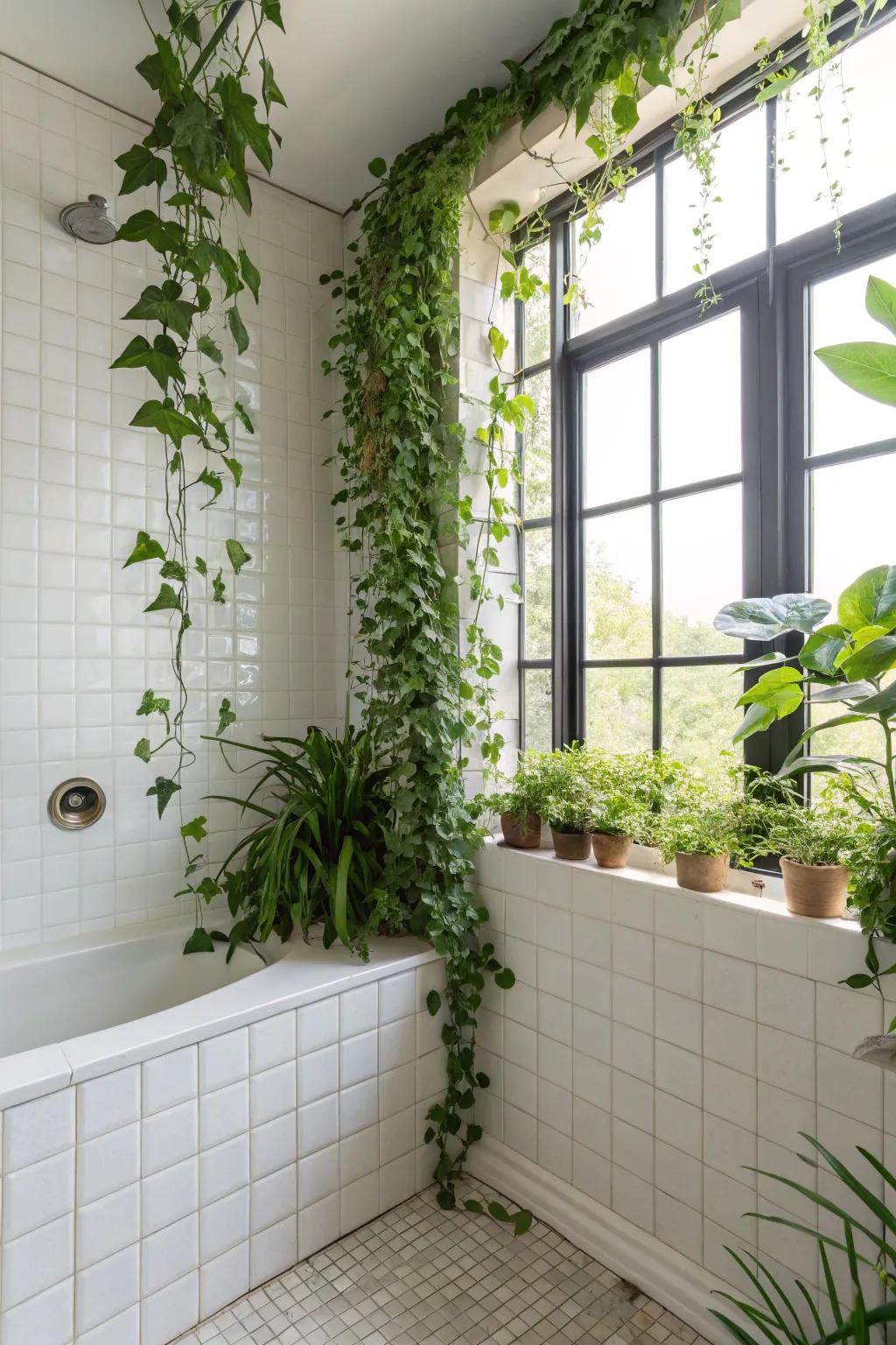 Bathroom corners are given a refreshing touch by vertical greenery.