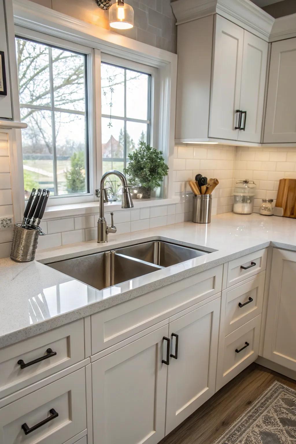 Symmetrical design features around a corner kitchen sink for balanced design.